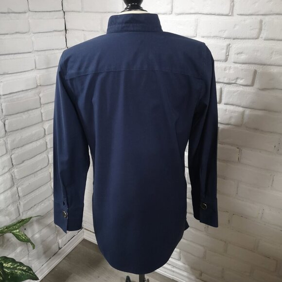 Chico's No Iron Chic Stretch Ladies Size 1 (US - 8) Navy Tan Cream Long Shirt - Picture 2 of 13